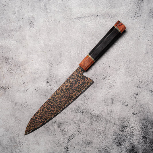 Noseto DMS Gyuto 210mm 37-Layer Tricolour Copper Diamond Damascus Steel with Burl Knurl & Ebony Handle