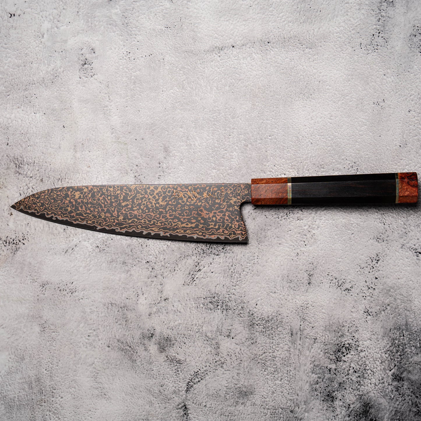 Noseto DMS Gyuto 210mm 37-Layer Tricolour Copper Diamond Damascus Steel with Burl Knurl & Ebony Handle