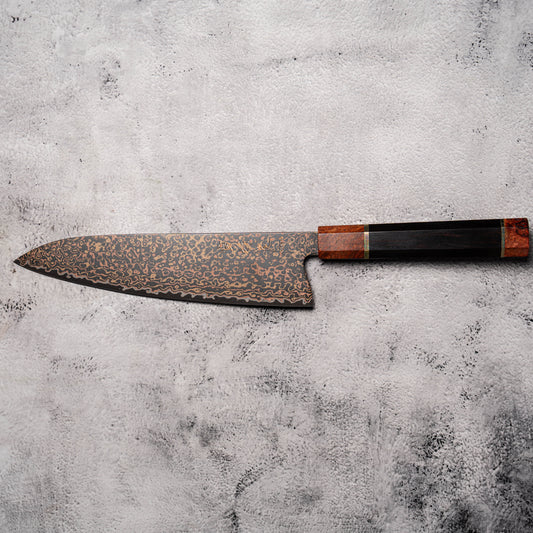 Noseto DMS Gyuto 210mm 37-Layer Tricolour Copper Diamond Damascus Steel with Burl Knurl & Ebony Handle