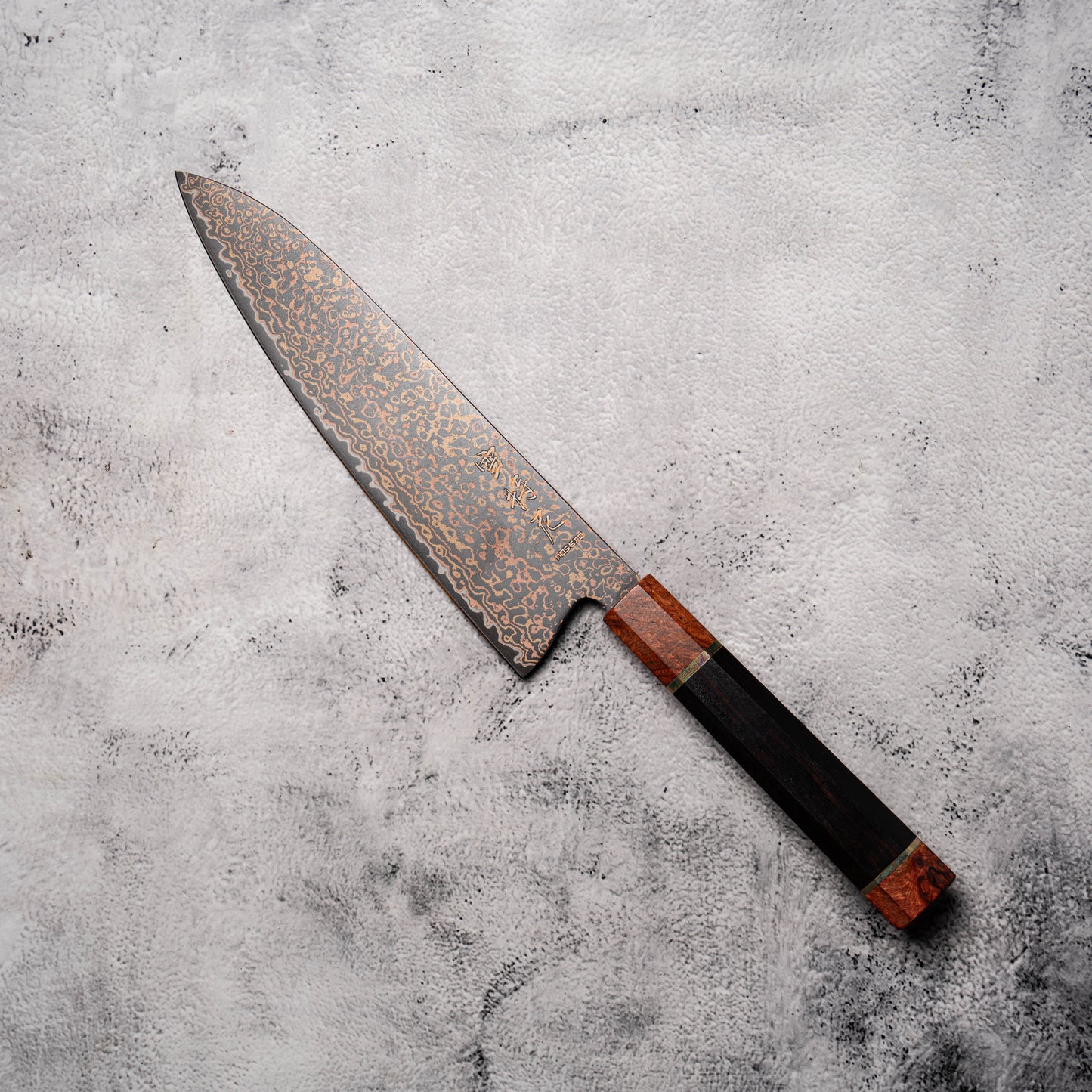 Noseto DMS Gyuto 210mm 37-Layer Tricolour Copper Diamond Damascus Steel with Burl Knurl & Ebony Handle