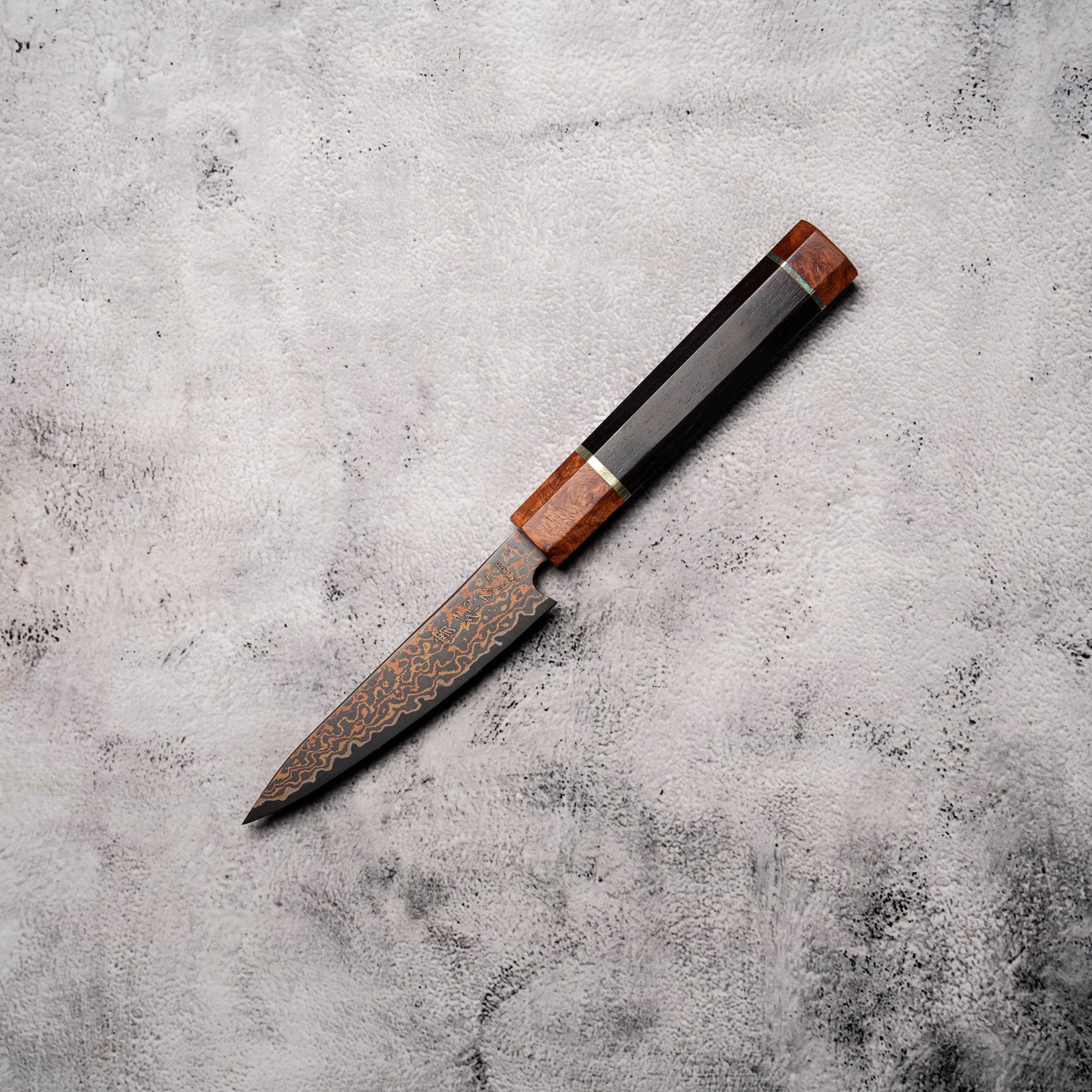 Noseto DMS Petty 135mm 37-Layer Tricolour Copper Diamond Damascus Steel with Burl Knurl & Ebony Handle