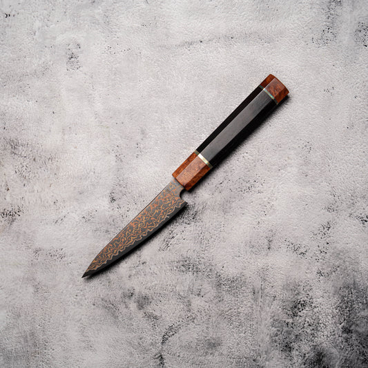 Noseto DMS Petty 135mm 37-Layer Tricolour Copper Diamond Damascus Steel with Burl Knurl & Ebony Handle
