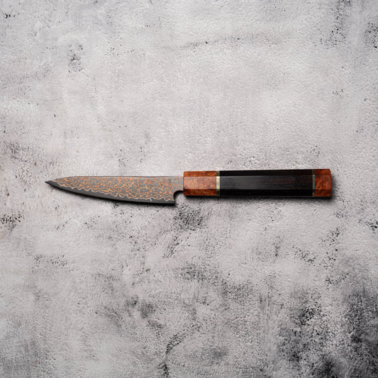 Noseto DMS Petty 135mm 37-Layer Tricolour Copper Diamond Damascus Steel with Burl Knurl & Ebony Handle