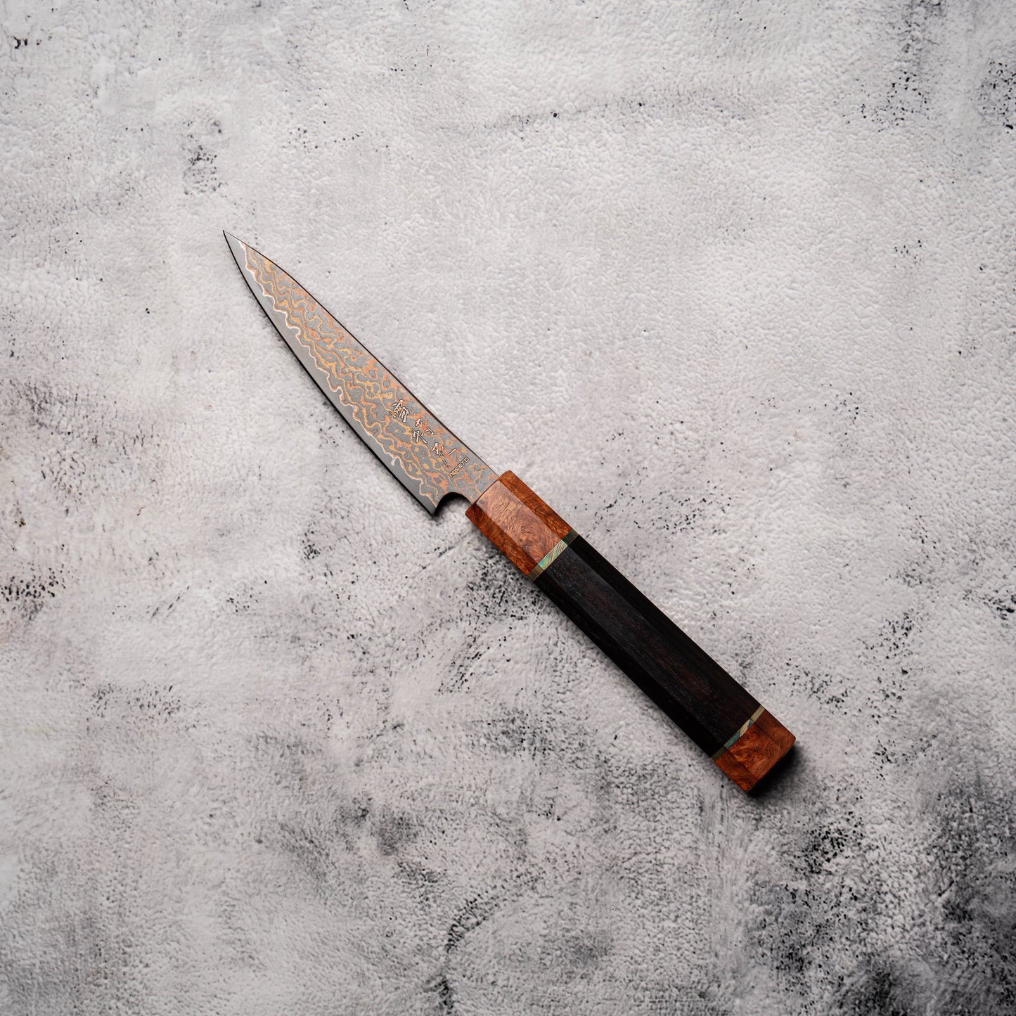 Noseto DMS Petty 135mm 37-Layer Tricolour Copper Diamond Damascus Steel with Burl Knurl & Ebony Handle