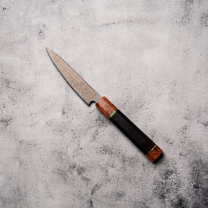 Noseto DMS Petty 135mm 37-Layer Tricolour Copper Diamond Damascus Steel with Burl Knurl & Ebony Handle