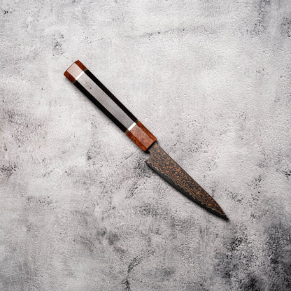 Noseto DMS Petty 135mm 37-Layer Tricolour Copper Diamond Damascus Steel with Burl Knurl & Ebony Handle