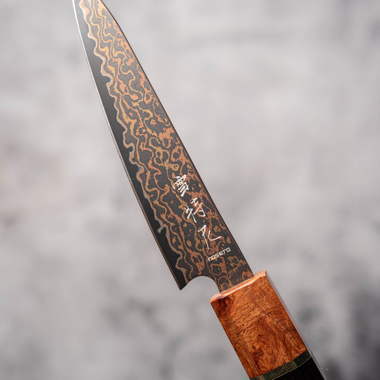 Noseto DMS Petty 135mm 37-Layer Tricolour Copper Diamond Damascus Steel with Burl Knurl & Ebony Handle