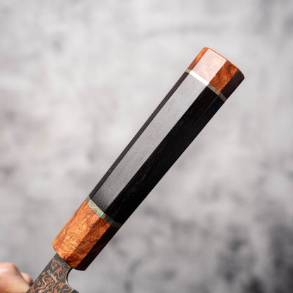Noseto DMS Petty 135mm 37-Layer Tricolour Copper Diamond Damascus Steel with Burl Knurl & Ebony Handle