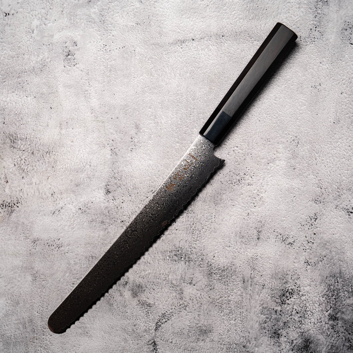 Noseto Bread Knife 240mm 67 Layer Damascus Steel with Buffalo Horn & Ebony Octagonal Handle