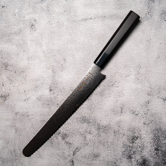 Noseto Bread Knife 240mm 67 Layer Damascus Steel with Buffalo Horn & Ebony Octagonal Handle