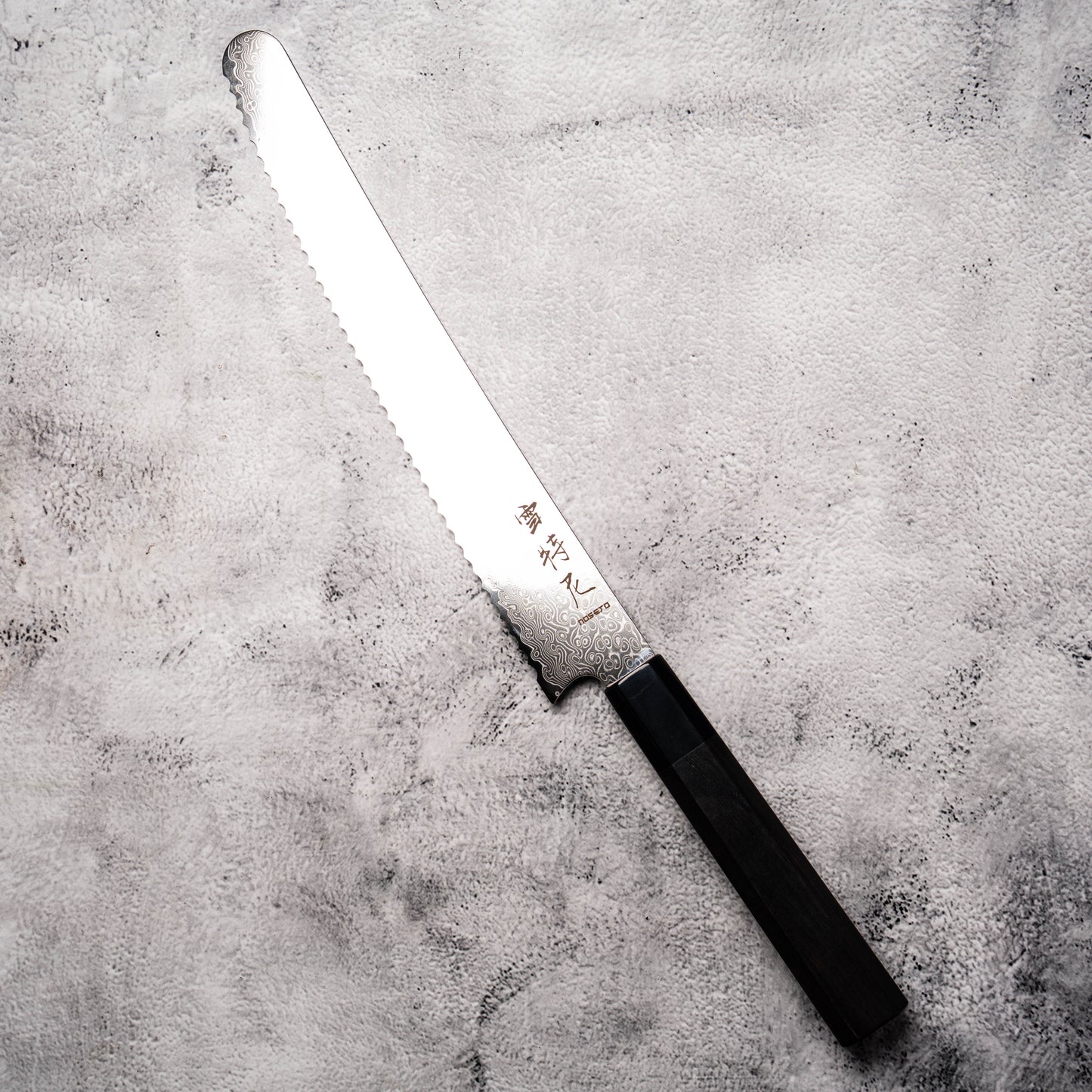 Noseto Bread Knife 240mm 67 Layer Damascus Steel with Buffalo Horn & Ebony Octagonal Handle