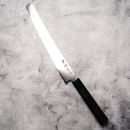Noseto Bread Knife 240mm 67 Layer Damascus Steel with Buffalo Horn & Ebony Octagonal Handle