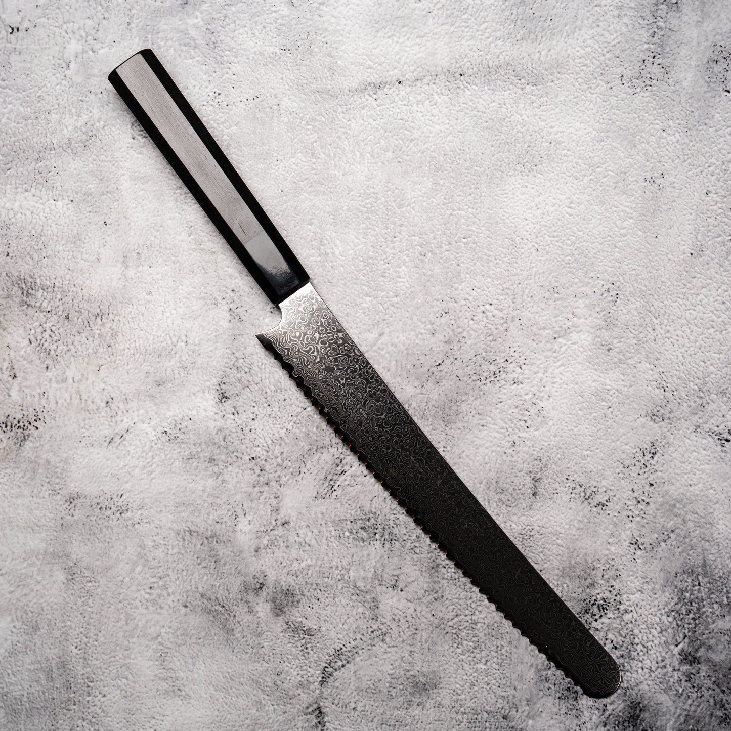 Noseto Bread Knife 240mm 67 Layer Damascus Steel with Buffalo Horn & Ebony Octagonal Handle