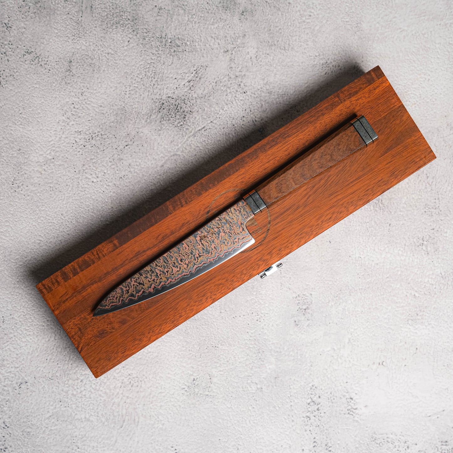 Noseto Tricolour Copper Damascus Petty 135mm 53 Layer Damascus with Padauk Burl Handle