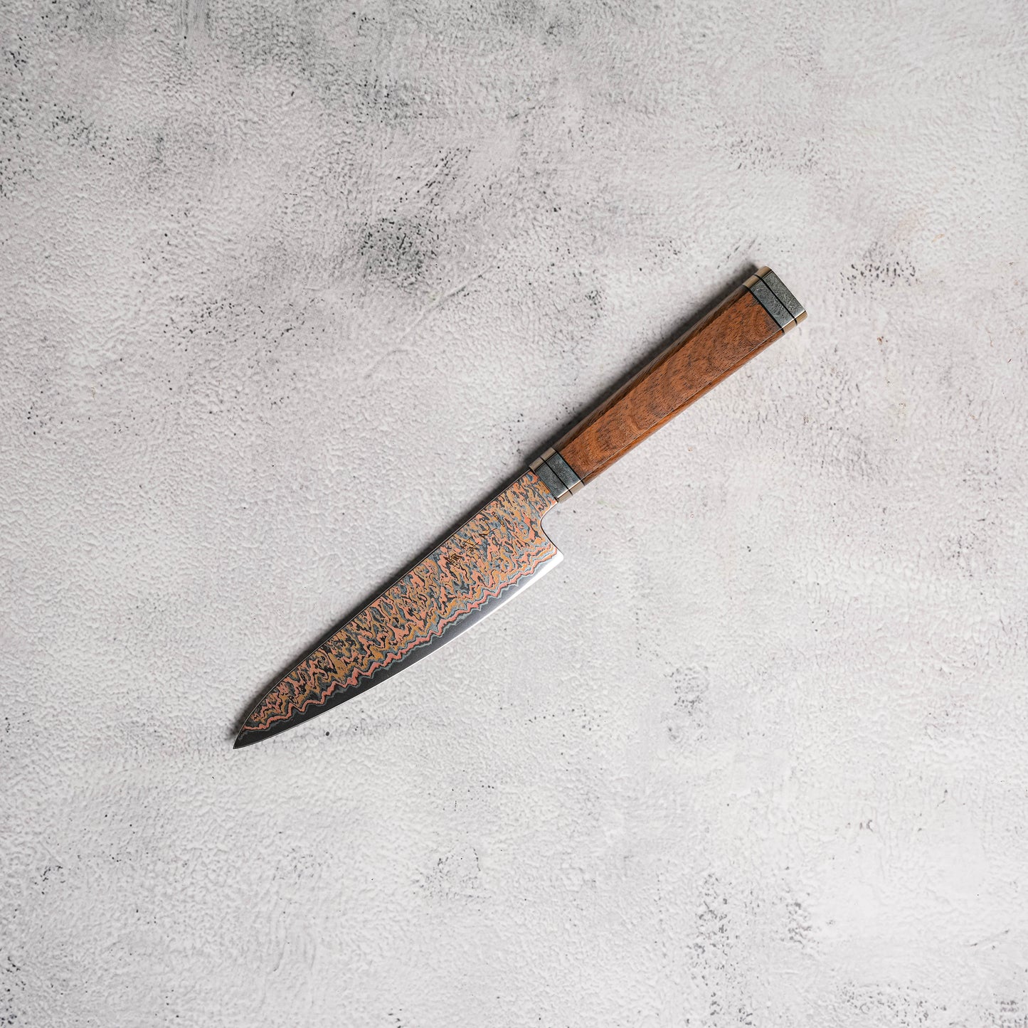 Noseto Tricolour Copper Damascus Petty 135mm 53 Layer Damascus with Padauk Burl Handle
