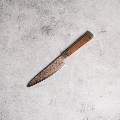 Noseto Tricolour Copper Damascus Petty 135mm 53 Layer Damascus with Padauk Burl Handle