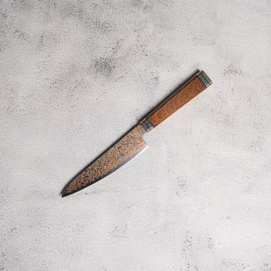 Noseto Tricolour Copper Damascus Petty 135mm 53 Layer Damascus with Padauk Burl Handle