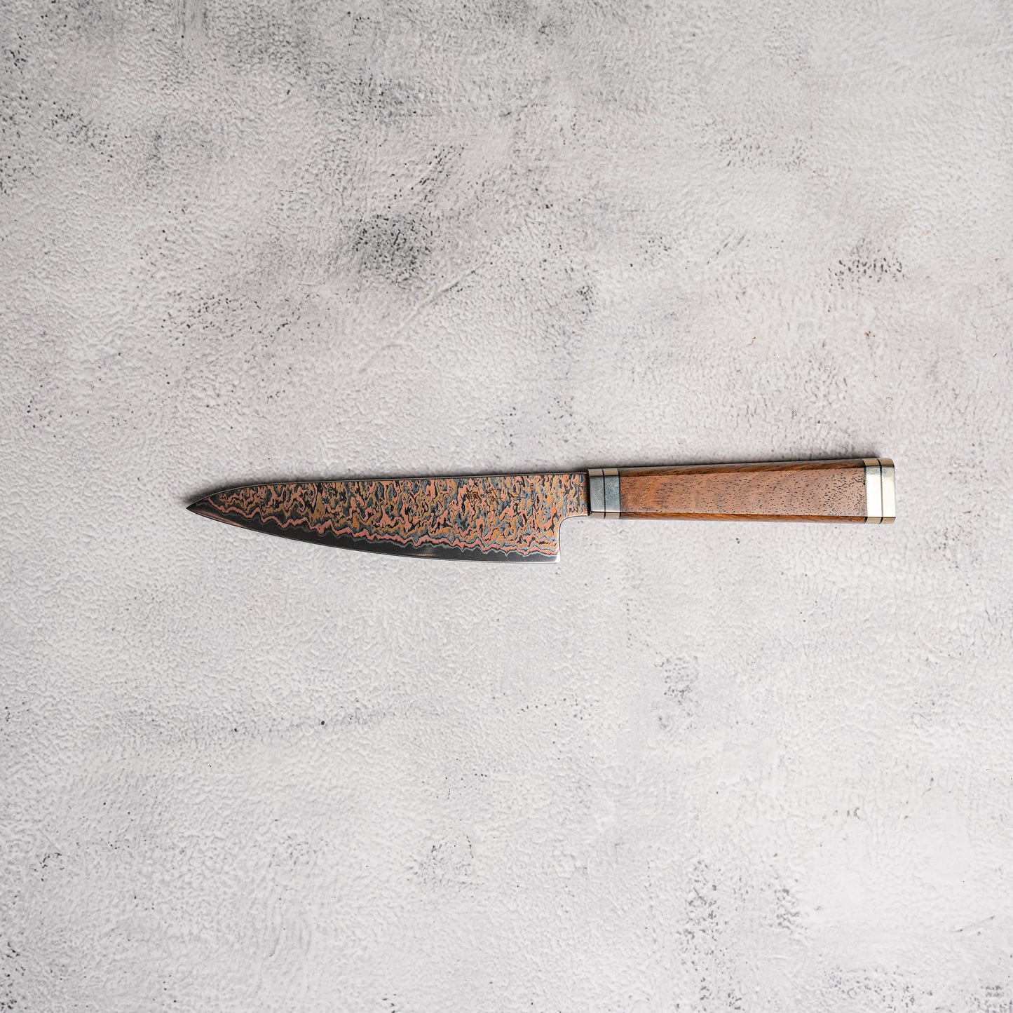 Noseto Tricolour Copper Damascus Petty 135mm 53 Layer Damascus with Padauk Burl Handle