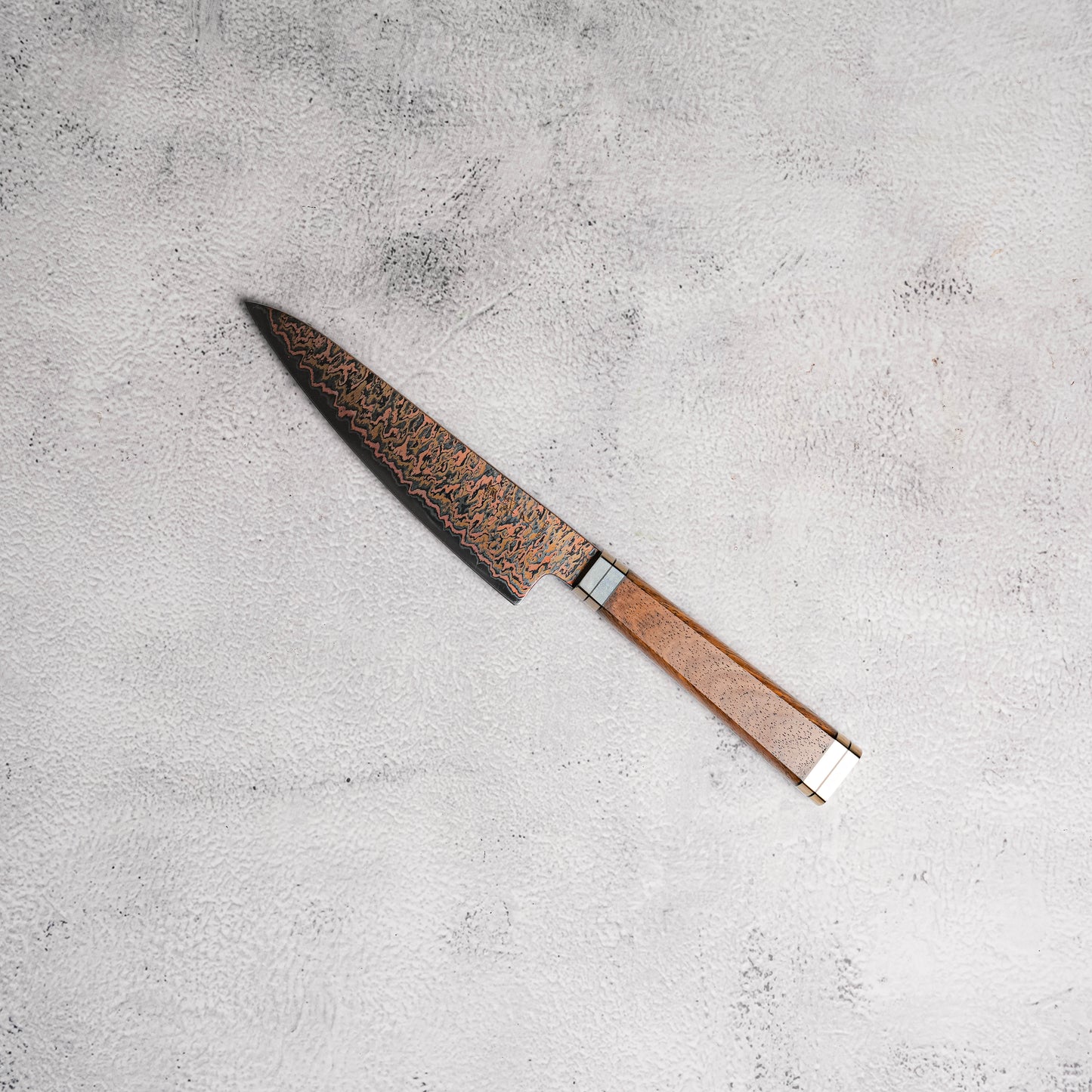 Noseto Tricolour Copper Damascus Petty 135mm 53 Layer Damascus with Padauk Burl Handle