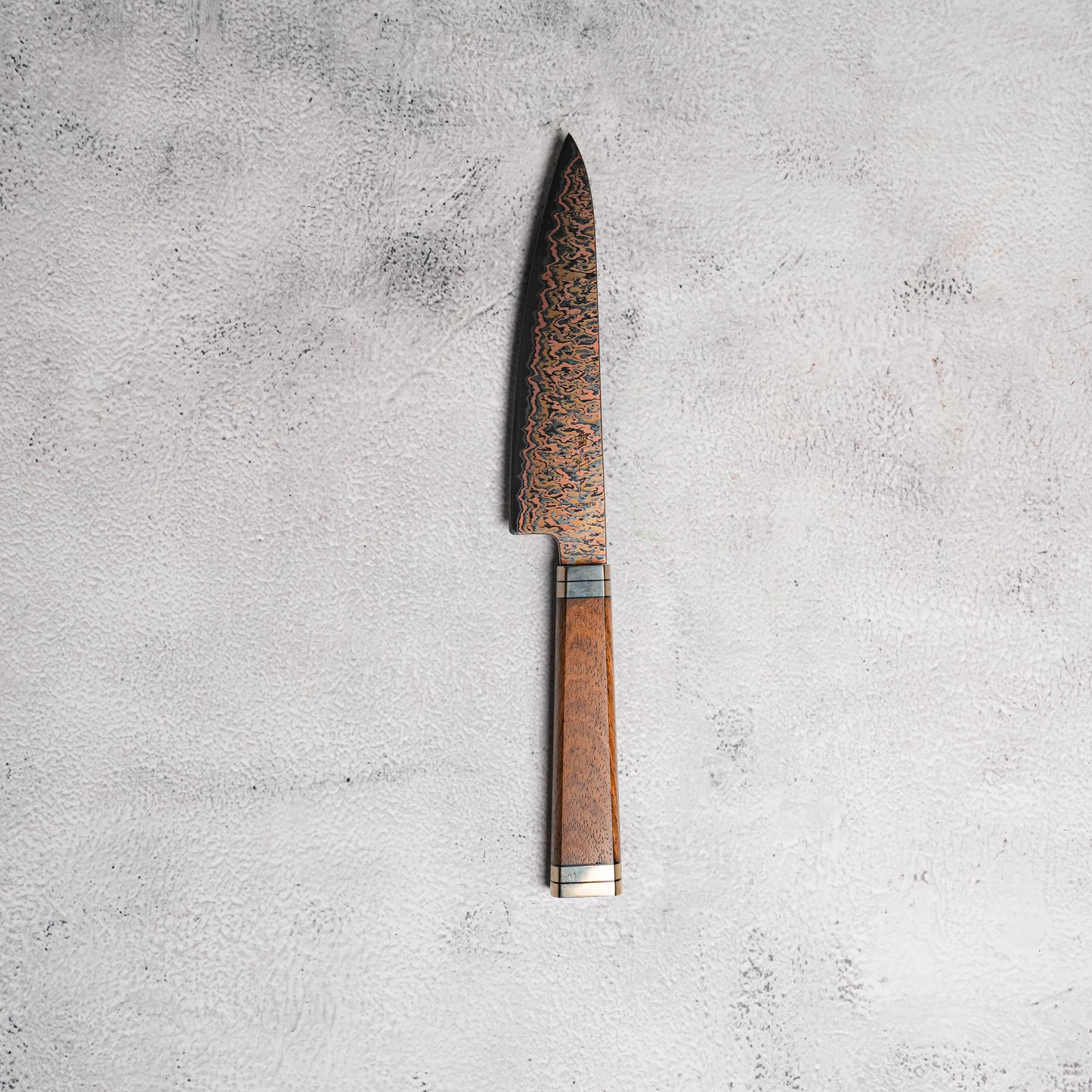 Noseto Tricolour Copper Damascus Petty 135mm 53 Layer Damascus with Padauk Burl Handle
