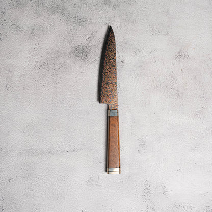 Noseto Tricolour Copper Damascus Petty 135mm 53 Layer Damascus with Padauk Burl Handle