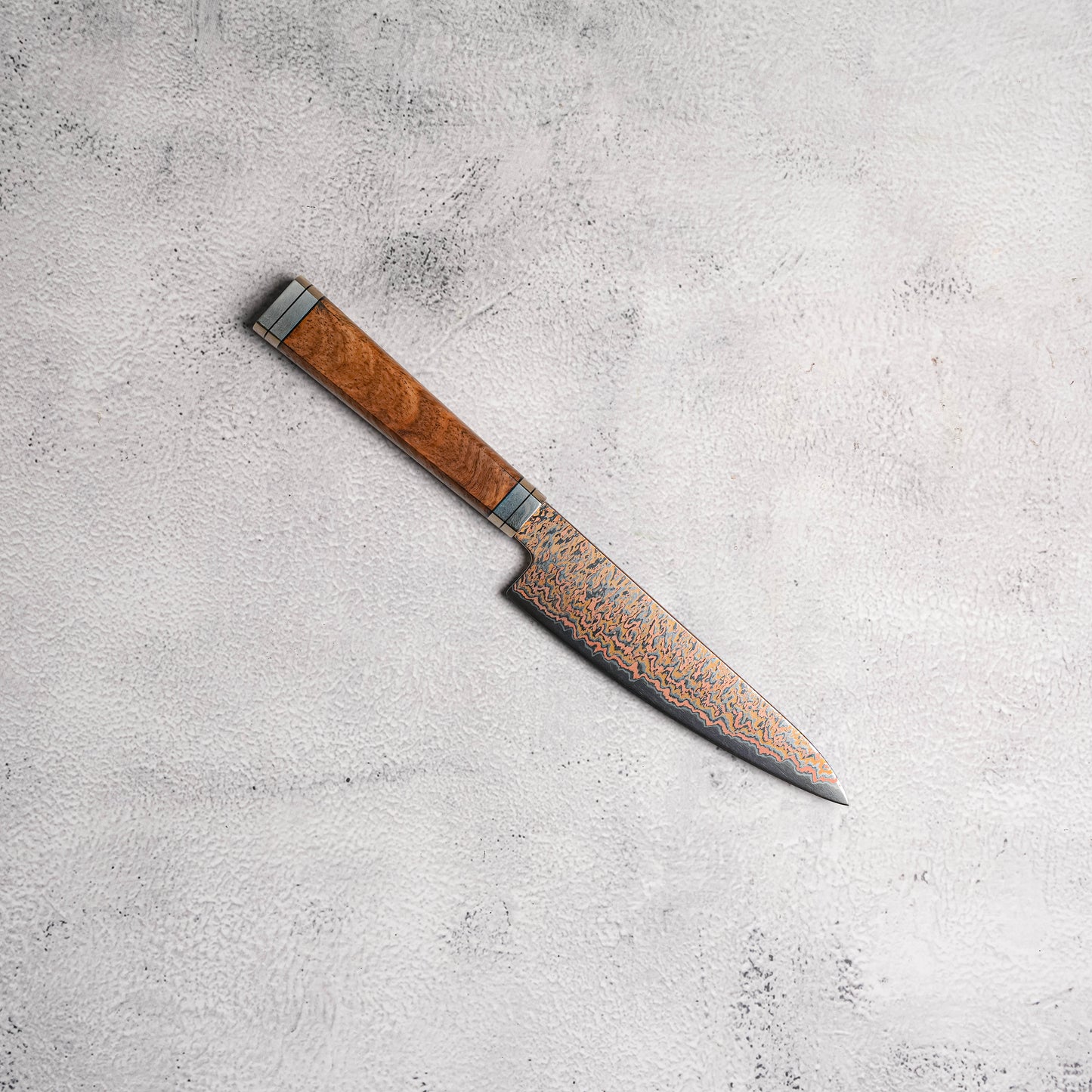 Noseto Tricolour Copper Damascus Petty 135mm 53 Layer Damascus with Padauk Burl Handle