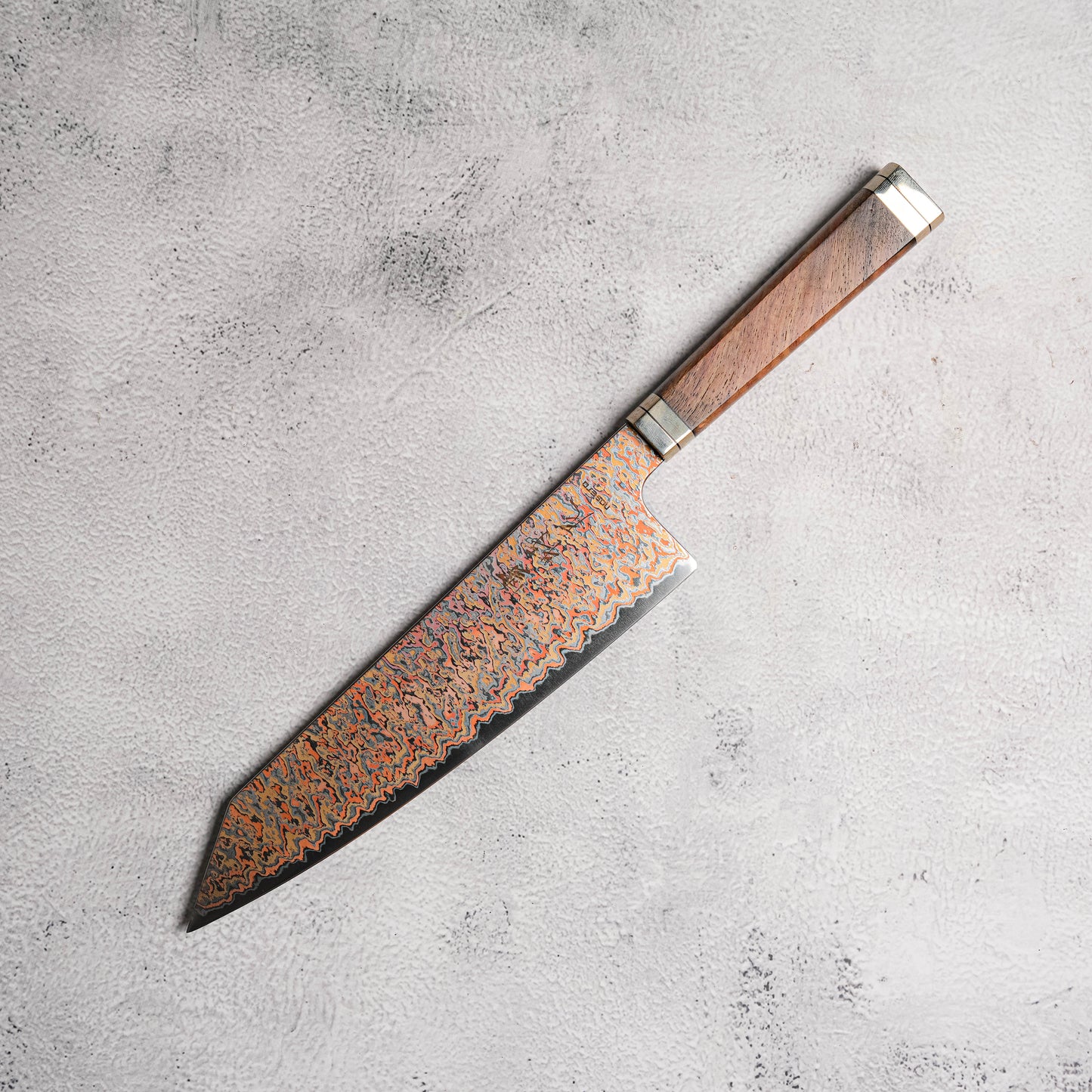 Noseto Tricolour Copper Damascus Gyuto 210mm 53 Layer Damascus with Padauk Burl, Cupronickel & Black G10 Handle