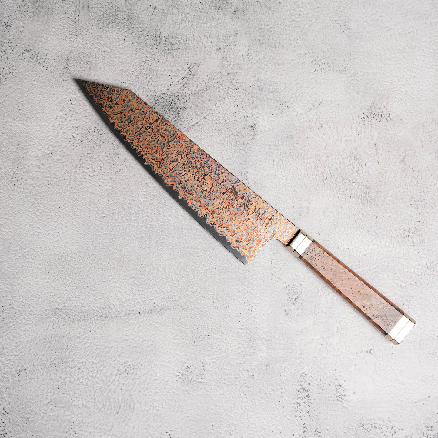 Noseto Tricolour Copper Damascus Gyuto 210mm 53 Layer Damascus with Padauk Burl, Cupronickel & Black G10 Handle
