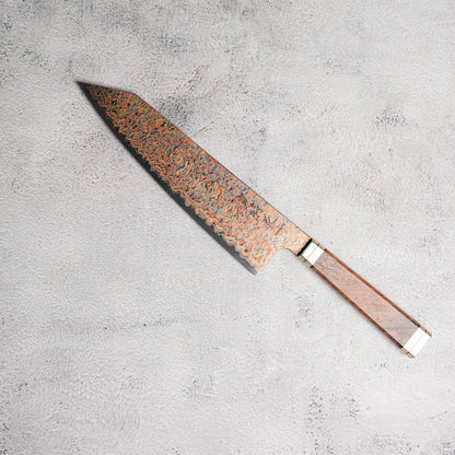 Noseto Tricolour Copper Damascus Gyuto 210mm 53 Layer Damascus with Padauk Burl, Cupronickel & Black G10 Handle