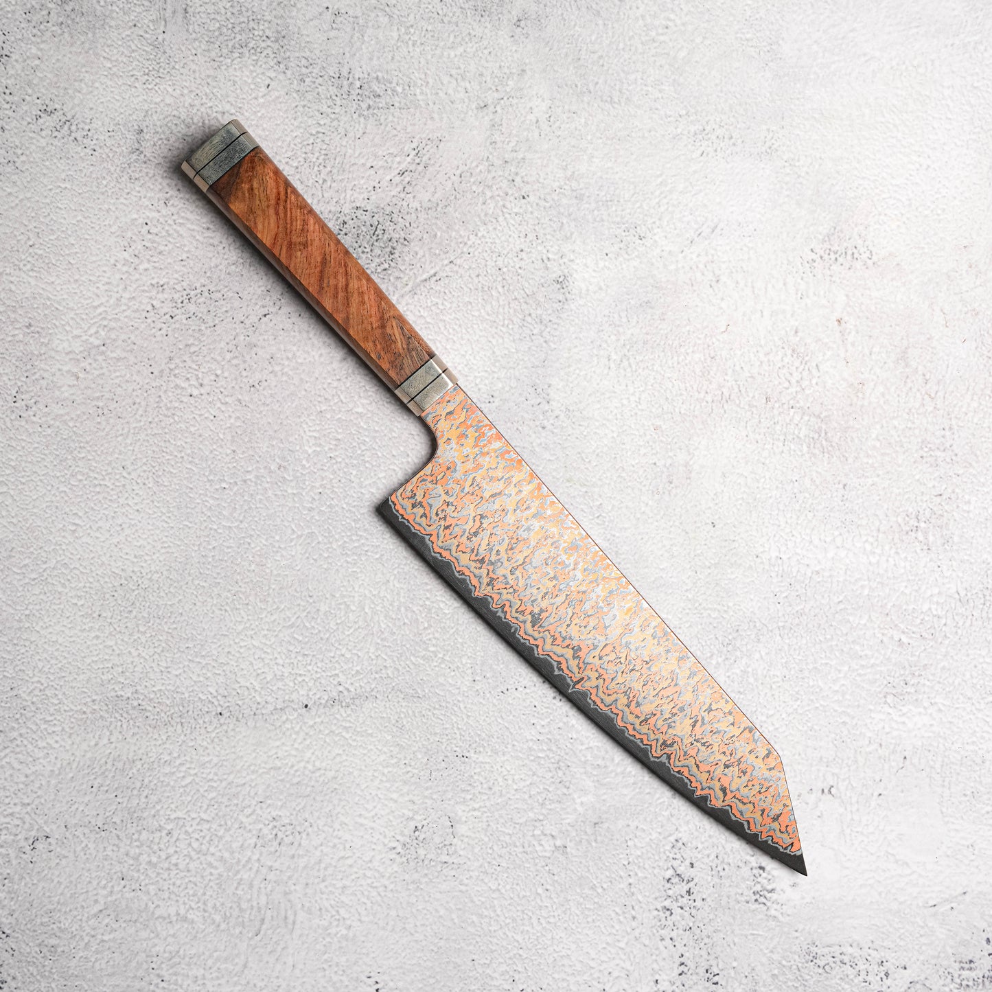 Noseto Tricolour Copper Damascus Gyuto 210mm 53 Layer Damascus with Padauk Burl, Cupronickel & Black G10 Handle