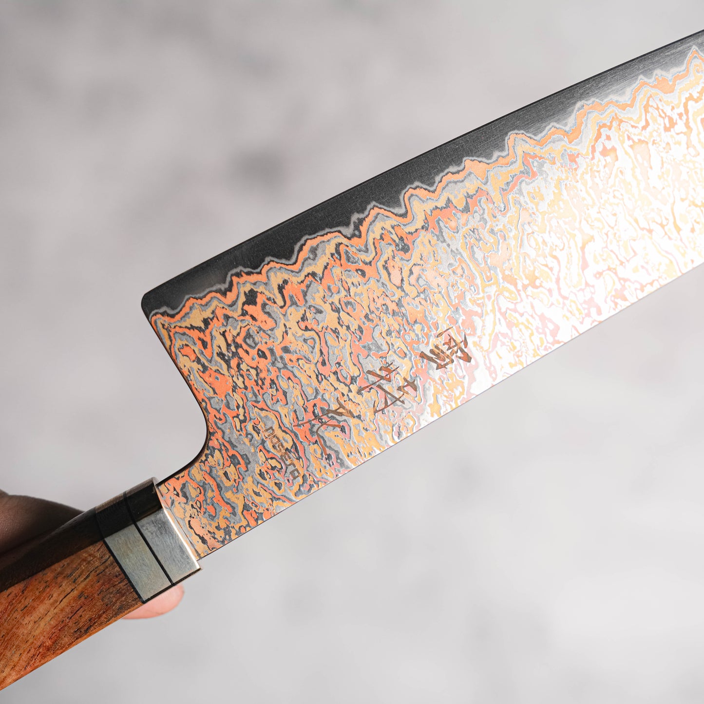 Noseto Tricolour Copper Damascus Gyuto 210mm 53 Layer Damascus with Padauk Burl, Cupronickel & Black G10 Handle