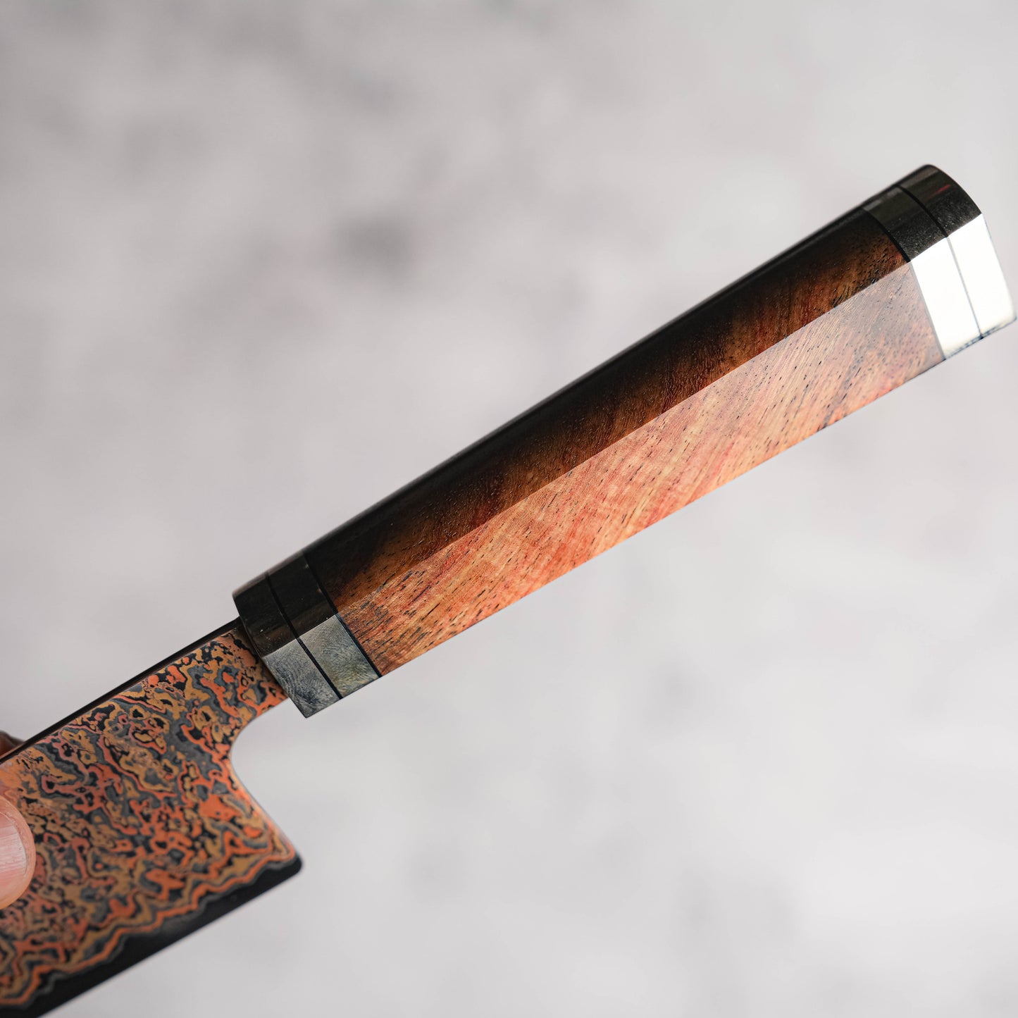 Noseto Tricolour Copper Damascus Gyuto 210mm 53 Layer Damascus with Padauk Burl, Cupronickel & Black G10 Handle