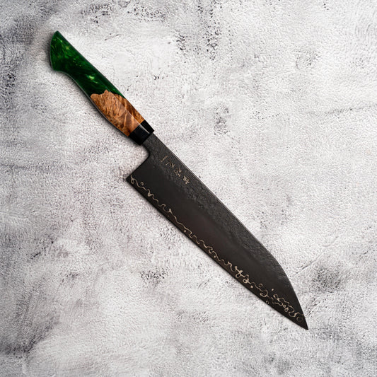 Noseto Arai Gyuto 240 mm 3 couches, noyau en acier poudré MD606 teinté noir avec résine et bois stabilisé