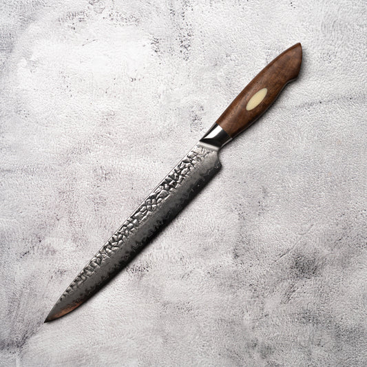 Noseto Oku Sujihiki 240mm Hammered 67 Layers AUS10 Damascus Steel Walnut Wood + Synthetic Ox Bone Patch Handle