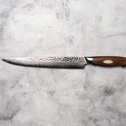 Noseto Oku Sujihiki 240mm Hammered 67 Layers AUS10 Damascus Steel Walnut Wood + Synthetic Ox Bone Patch Handle
