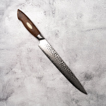 Noseto Oku Sujihiki 240mm Hammered 67 Layers AUS10 Damascus Steel Walnut Wood + Synthetic Ox Bone Patch Handle