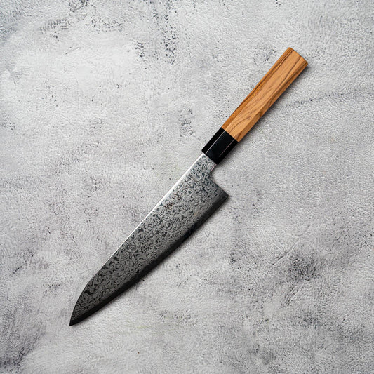 Couteau Nato Gyuto Noseto 210 mm 67 couches Damas avec bois d'olivier et corne de buffle