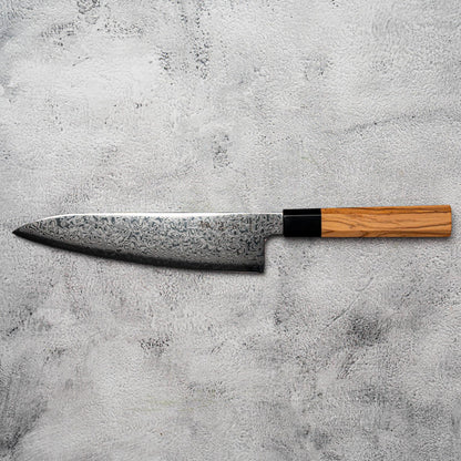 Couteau Nato Gyuto Noseto 210 mm 67 couches Damas avec bois d'olivier et corne de buffle