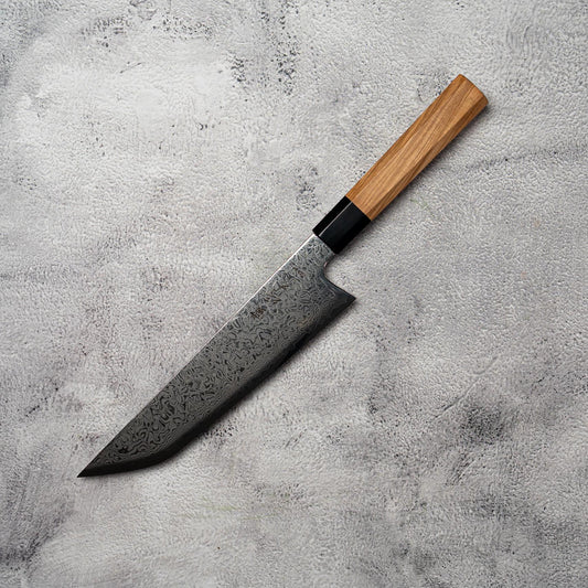 Couteau de chasse Noseto Nato Gyutu Sakimaru 210 mm 67 couches Damas avec bois d'olivier et corne de buffle
