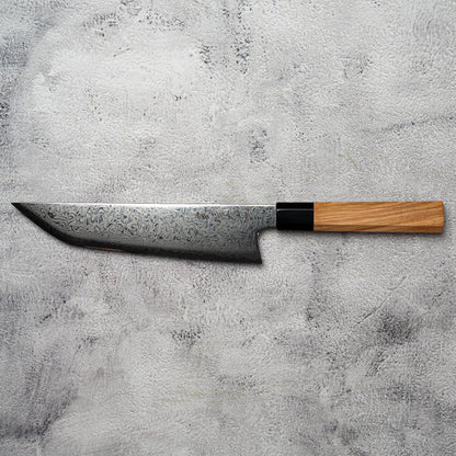Couteau de chasse Noseto Nato Gyutu Sakimaru 210 mm 67 couches Damas avec bois d'olivier et corne de buffle