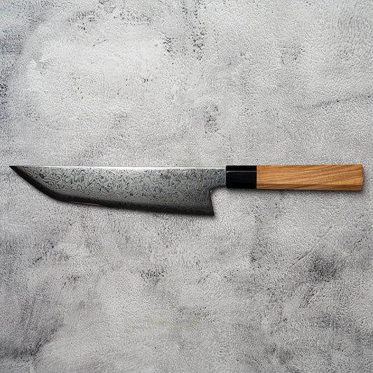 Couteau de chasse Noseto Nato Gyutu Sakimaru 210 mm 67 couches Damas avec bois d'olivier et corne de buffle