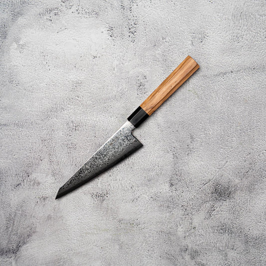 Couteau à lame fixe Nato Honesuki 150 mm, 67 couches, Damas, bois d'olivier et corne de buffle
