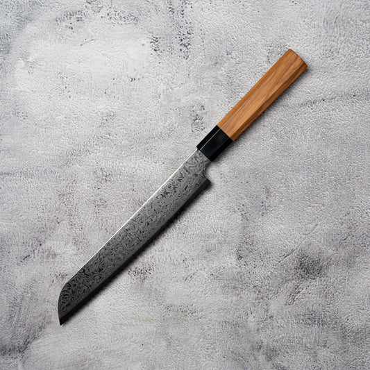Couteau à pain Noseto Nato 210 mm 67 couches Damas avec bois d'olivier et corne de buffle