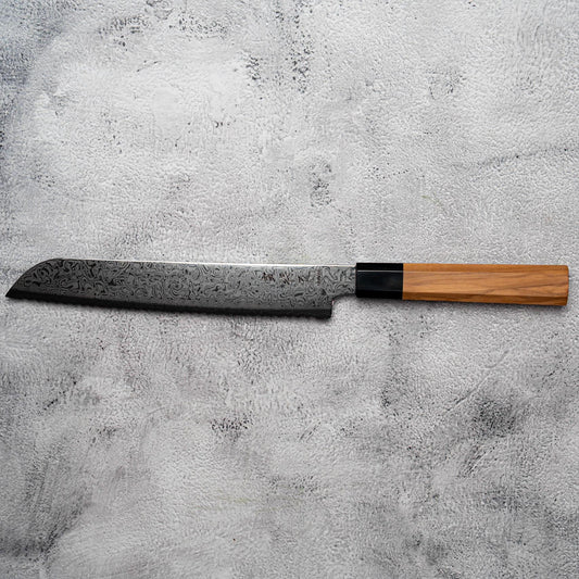 Couteau à pain Noseto Nato 210 mm 67 couches Damas avec bois d'olivier et corne de buffle