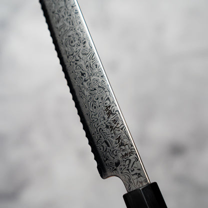 Couteau à pain Noseto Nato 210 mm 67 couches Damas avec bois d'olivier et corne de buffle
