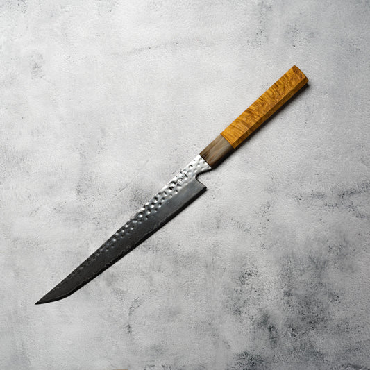 "PRE-ORDER" Noseto Tana 270mm Sakimaru VG-10 Damascus Slicing Knife with Stabilized Burl &amp; White Buffalo Horn