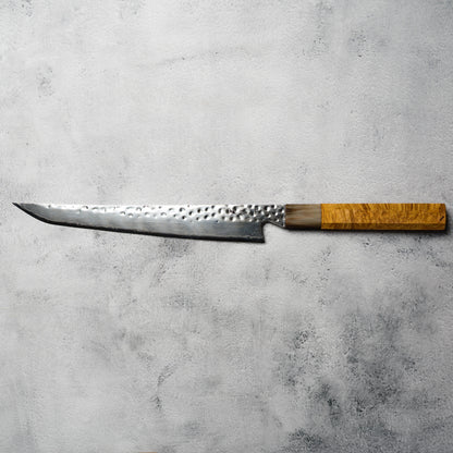 "PRE-ORDER" Noseto Tana 270mm Sakimaru VG-10 Damascus Slicing Knife with Stabilized Burl &amp; White Buffalo Horn