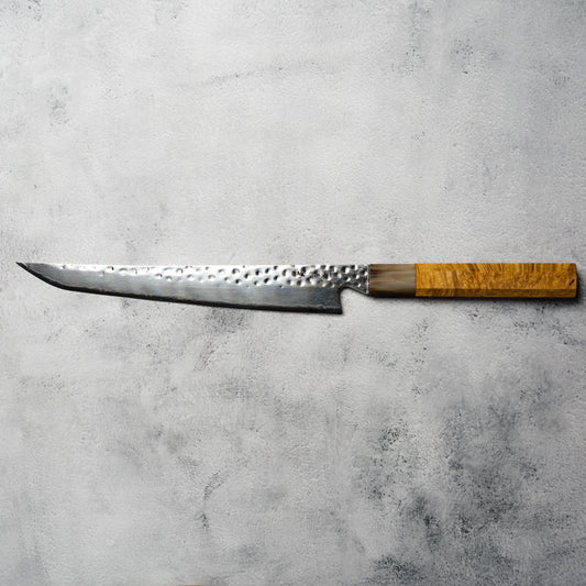 "PRE-ORDER" Noseto Tana 270mm Sakimaru VG-10 Damascus Slicing Knife with Stabilized Burl &amp; White Buffalo Horn