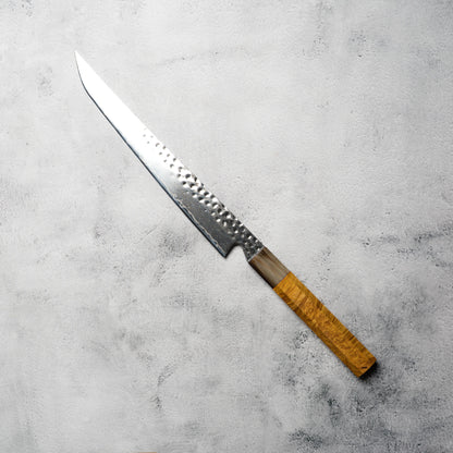 "PRE-ORDER" Noseto Tana 270mm Sakimaru VG-10 Damascus Slicing Knife with Stabilized Burl &amp; White Buffalo Horn