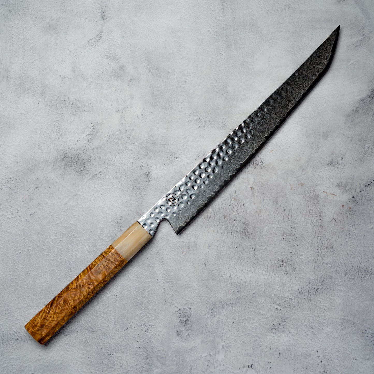 Noseto Tana 270mm Sakimaru VG-10 Damascus Slicing Knife with Stabilized Burl & White Buffalo Horn